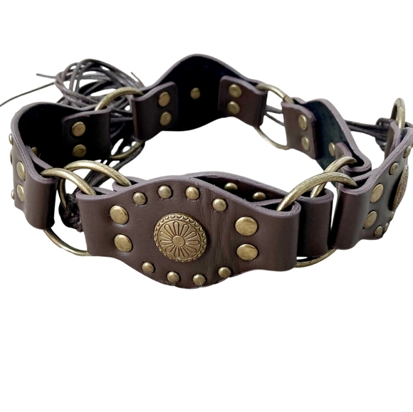 Western brown faux leather concho gold buckle Boho festival studded waist belt - Picture 13 of 15